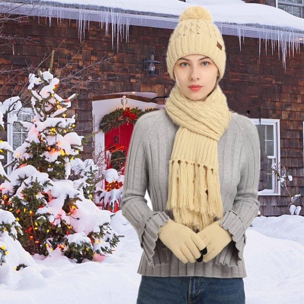 Women's Cream Winter Warm Skull Caps Knit Gloves Beanie Neck Scarves 3 Set - Picture 2 of 6